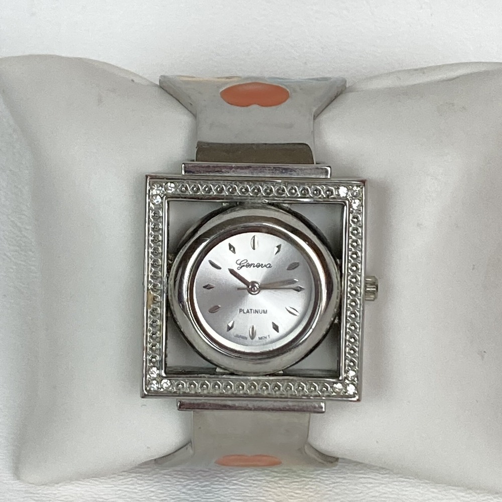 Geneva Platinum Watch Women Silver Tone Open Cuff Enamel Hearts New Battery 6" - Picture 4 of 9